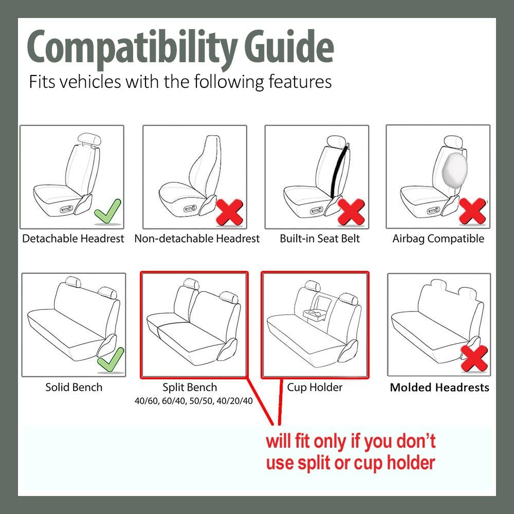 FH Group Flat Cloth Seat Covers Front Seat and Solid Rear Bench Full Set with...