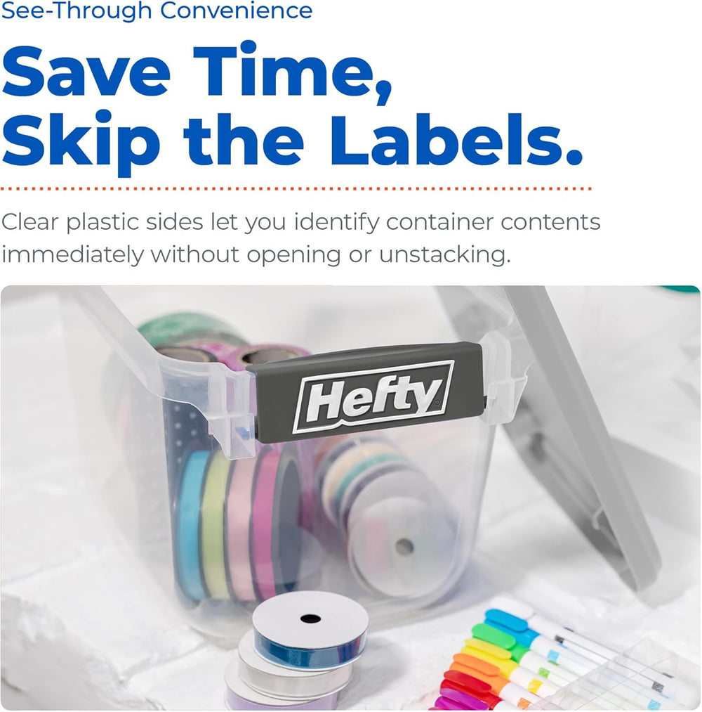 Hefty 6.5 Qt Flat-Lid Storage Bin with Lid, Stackable Plastic Storage Contain...