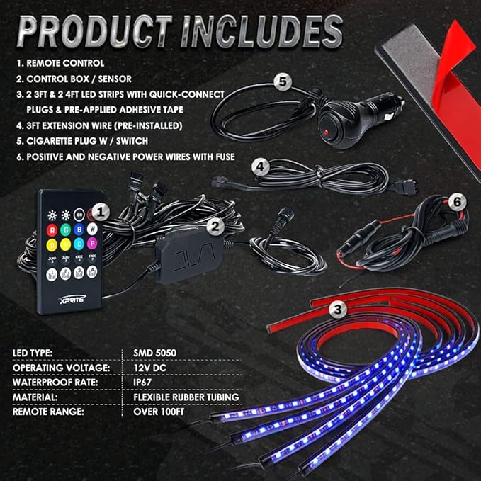 Xprite 4Pcs Underglow LED Lights