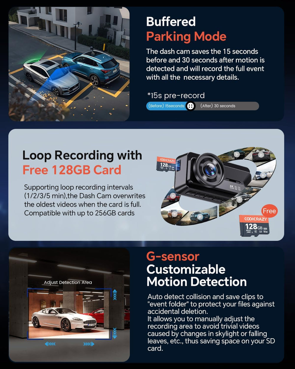Coolcrazy 4K Dash Cam Front and Rear, STARVIS Sensor, Free 128GB Card Include...