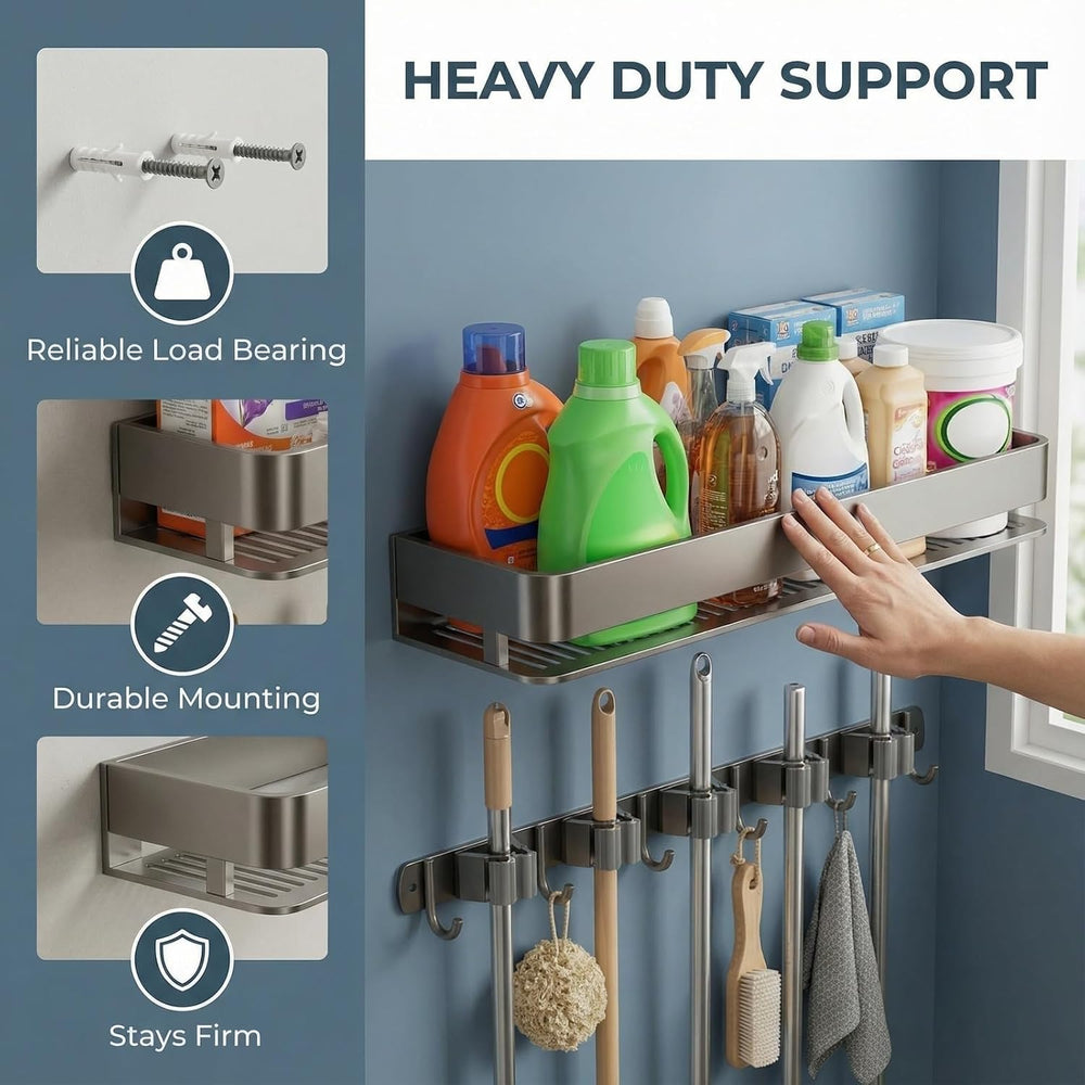 24 Inch Mop and Broom Holder Wall Mount, Broom Hanger Organizer with Hooks