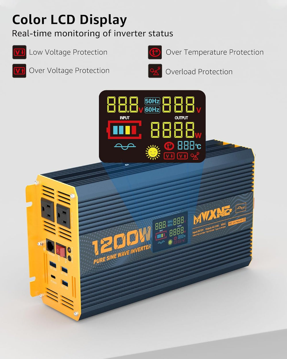 1200 Watt Pure Sine Wave Power Inverter DC 12V to 110V AC Converter with Dual...