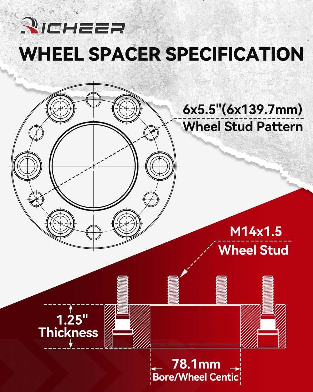 Richeer 6x5.5 Wheel Spacer for Silverado Sierra 1500, 1.25 Inch Hub Centric 6...