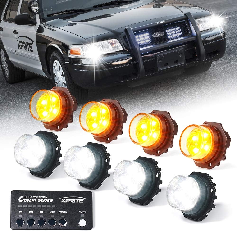 Xprite White Amber LED Hideaway Strobe Lights Kit 20 Flashing Patterns (8 PCS)