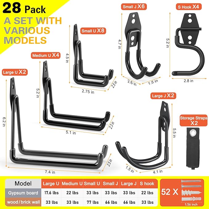28 Pack Heavy Duty Garage Hooks, Utility Wall Mounted Storage System,