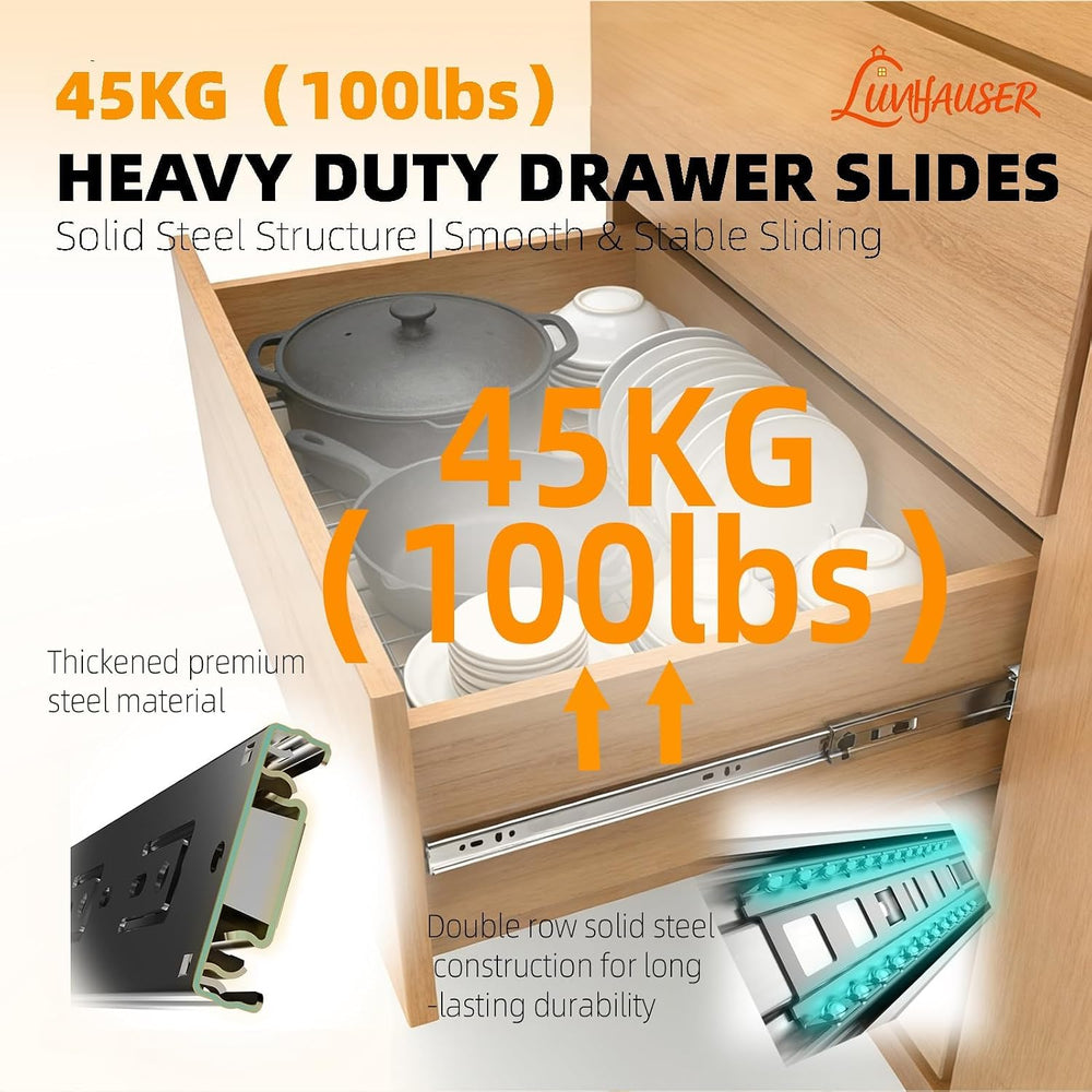 2 Pair Side‑Mount 3‑Section Full Extension Soft‑Close Drawer Slides,16 Inch /...