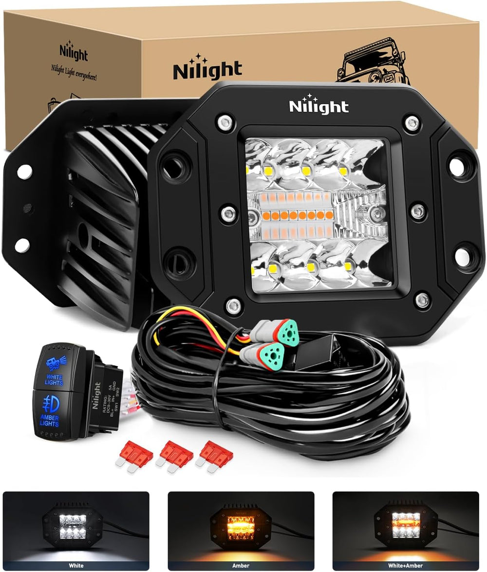 Nilight Flush Mount LED Light Pods 2PCS 42W Amber White 3 Lighting Modes Fog ...