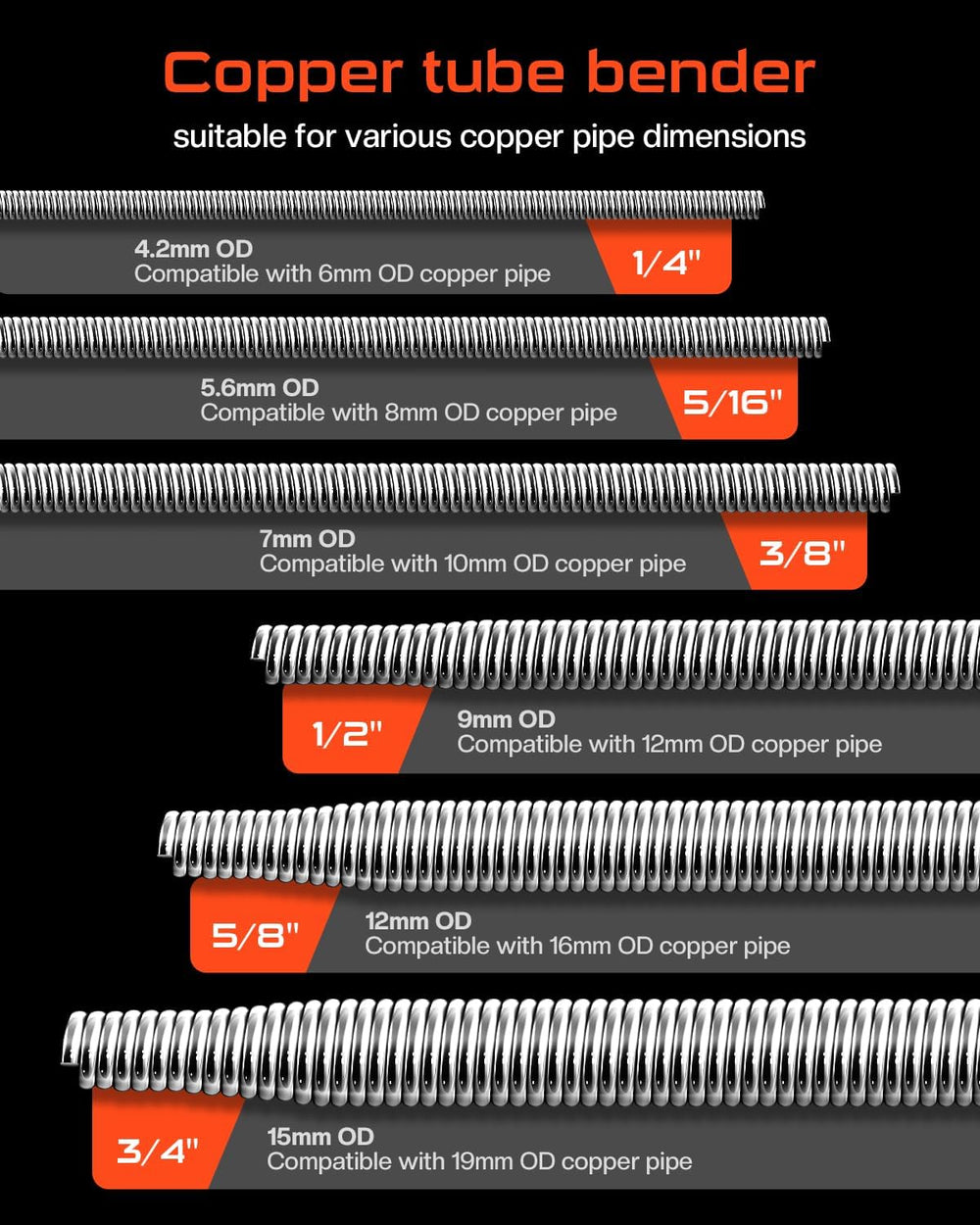 6-in-1 Copper Tube Bender Set – 43" Long Spring, Crease‑Free Bending