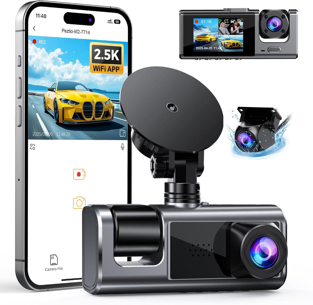 2.5K 3 Channel Dash Cam Front and Rear Inside with WiFi, 2' IPS Screen