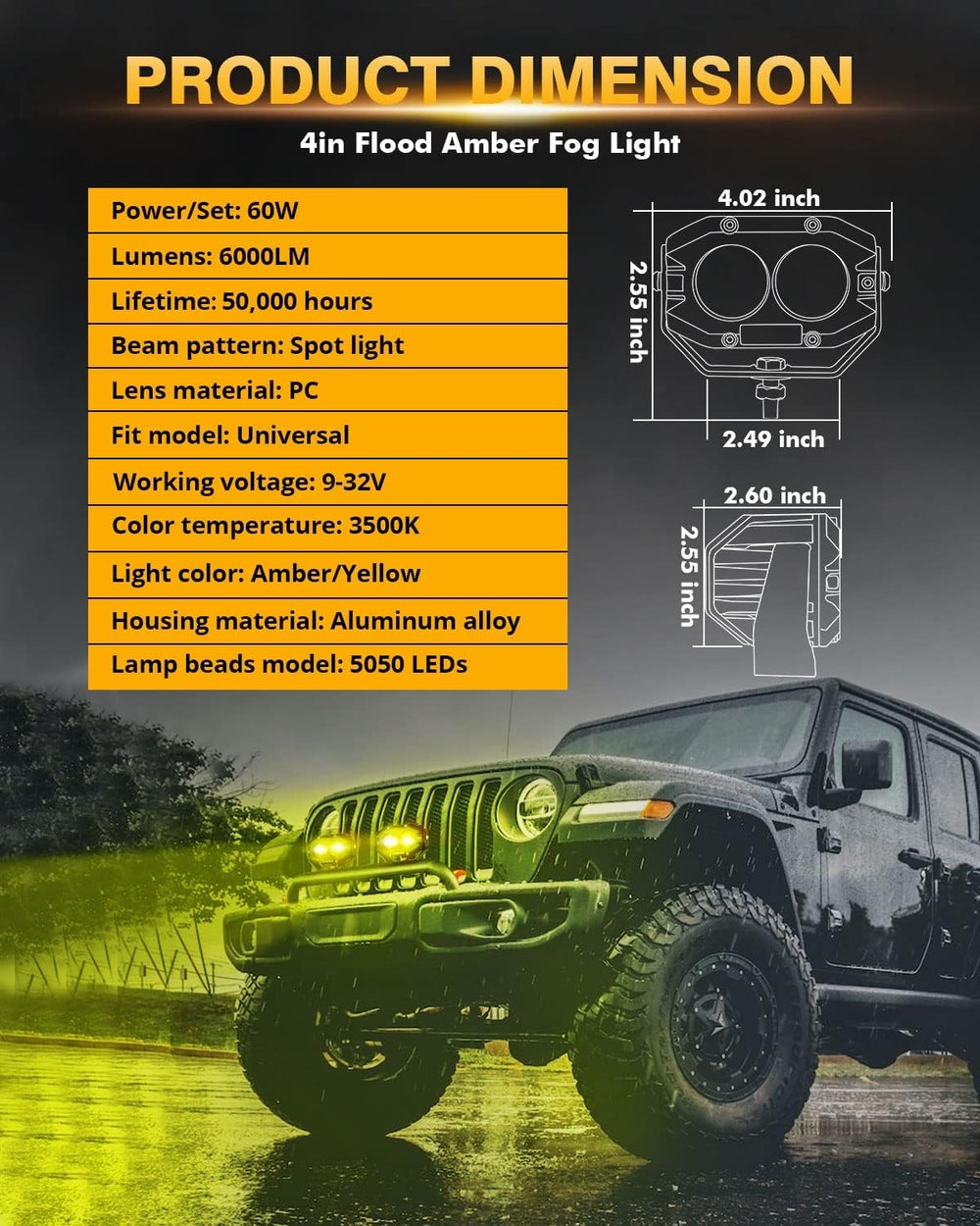 Auxbeam 4In 60W Amber Fog Lights Spot Offroad LED Pod Light Cube, R4 Series