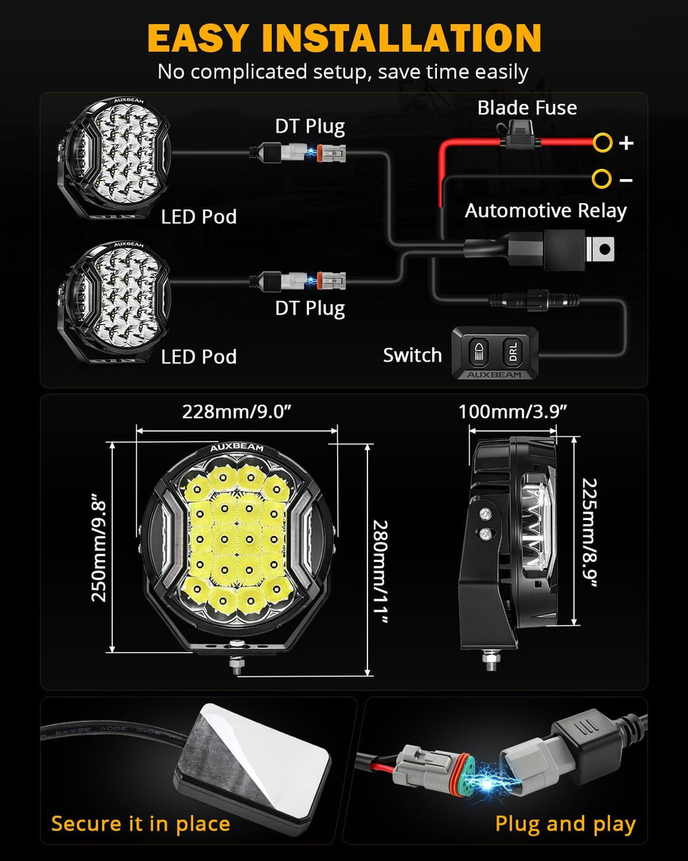 Auxbeam 9 in LED Round Pod, V-Ultra Series 270° Side Shooter Driving Lights