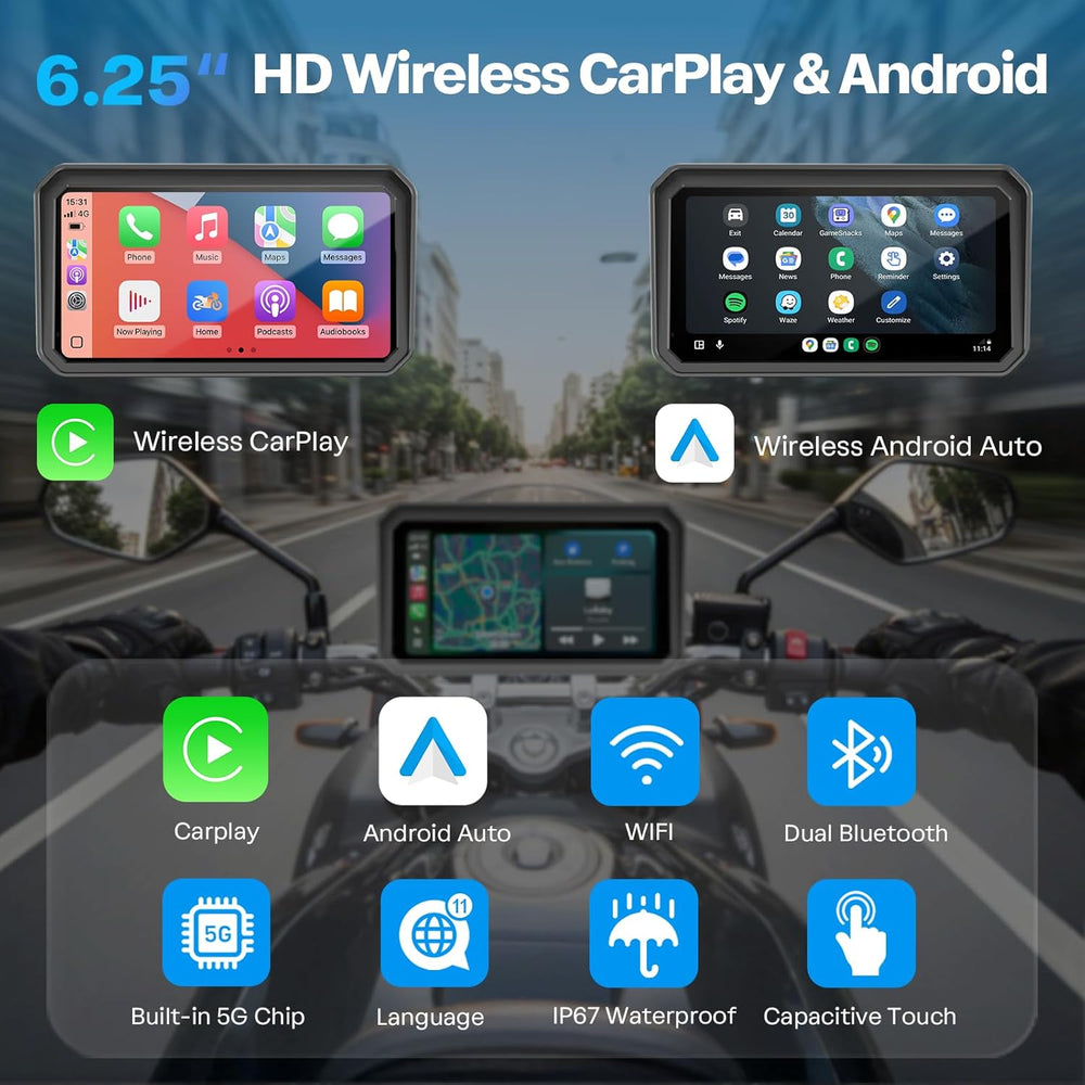 WonVon 6.25 Inch Wireless Motorcycle Carplay GPS Navigation System with Apple...