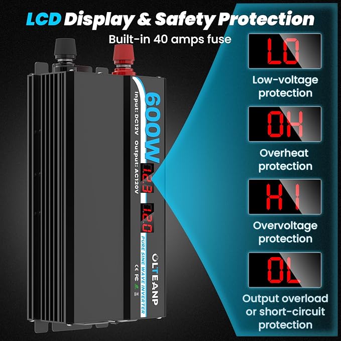 600W Power Inverter Pure Sine Wave Inverter 12V DC to 120V AC Converter