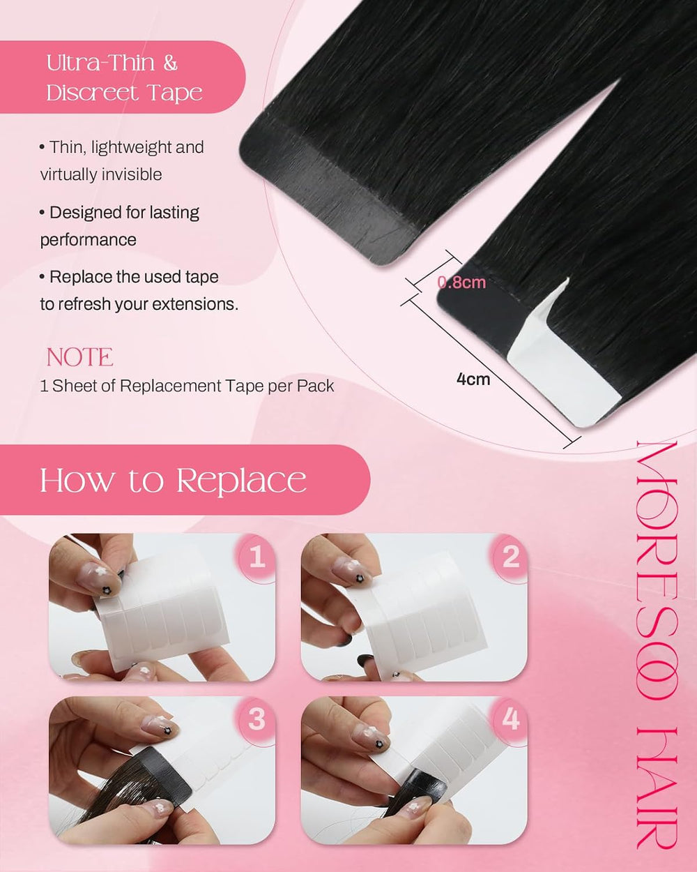Moresoo Bleach Blonde Invisible Tape Hair Extensions, 24 Inch, 20Pcs, 50g