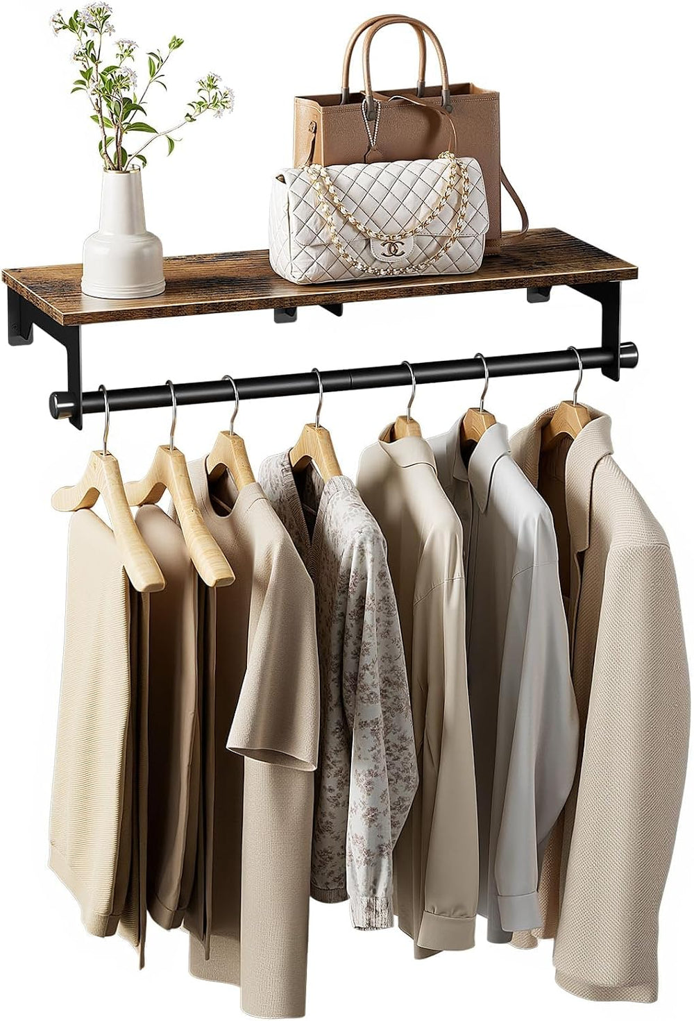 Luxspire 28.7" Wall Mount Clothes Rack with Wood Top Shelf Hanging Clothes