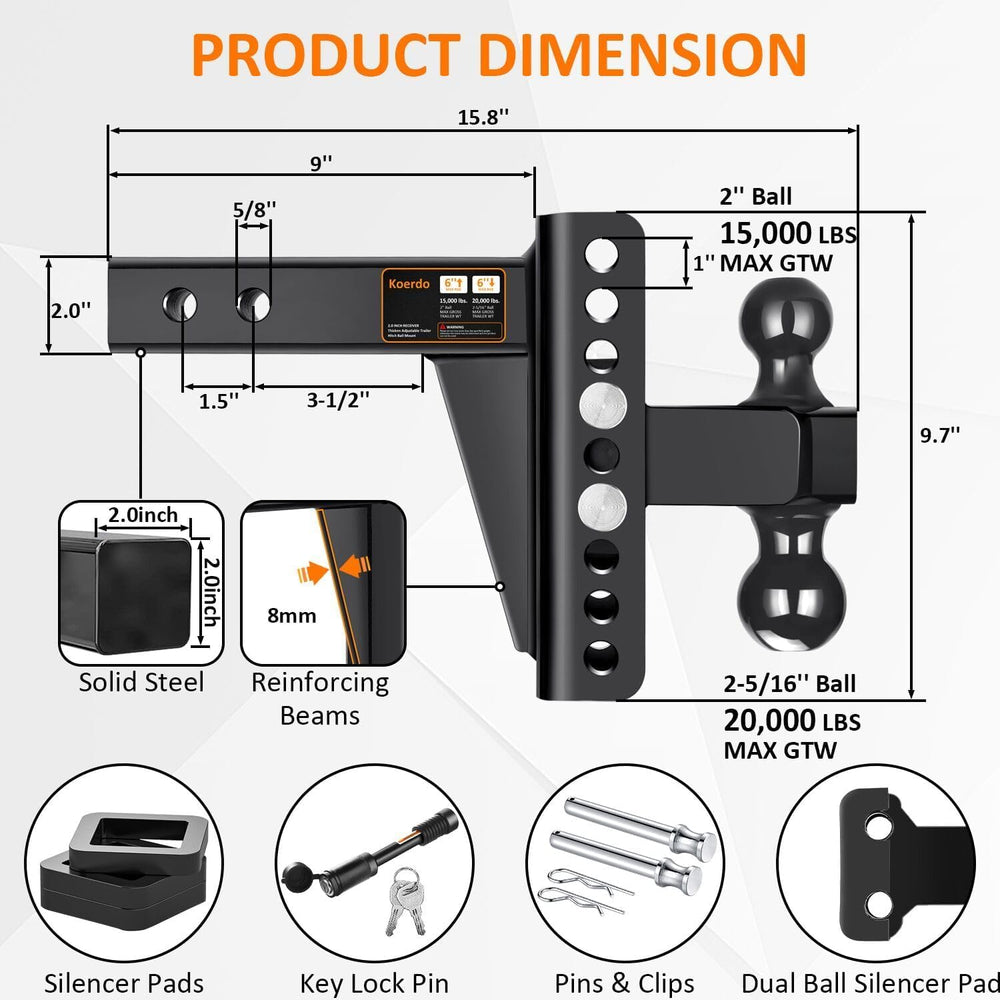 Adjustable Trailer Hitch -Drop Hitch-Tow Hitch with 2 inch Receiver-6inch Dro...
