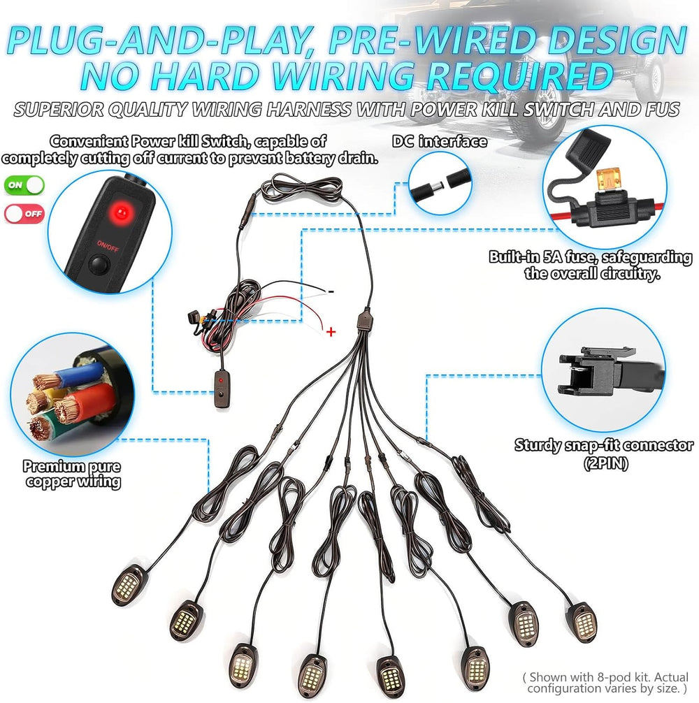 20Pods All Pure White LED Rock Lights Full Kit Plug and Play & Pre Wired ...