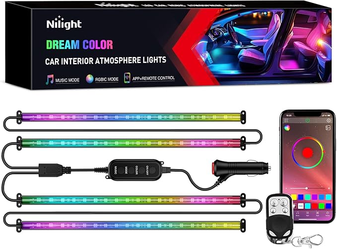 Nilight 4PCS Interior Car Strip Lights Cigarette Lighter Dream Color RGB-IC 12V
