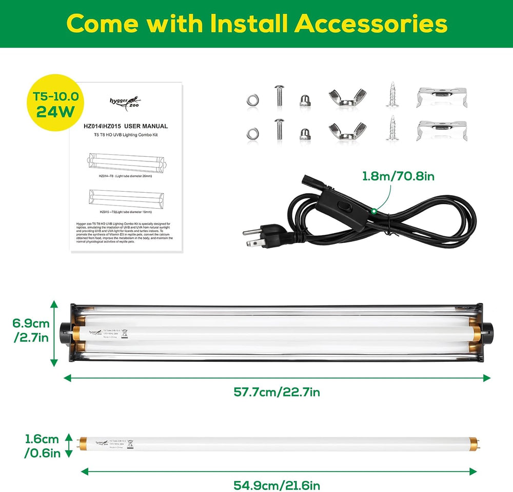 T5 UVB Reptile Light Fixture HO UVB Bulb Lighting Combo Kit, 10.0 UVB Light f...