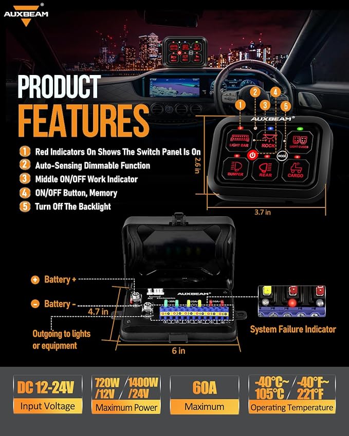 Auxbeam 6 Gang Switch Panel RA60 Toggle Momentary Pulsed RGB Dimmable Switch