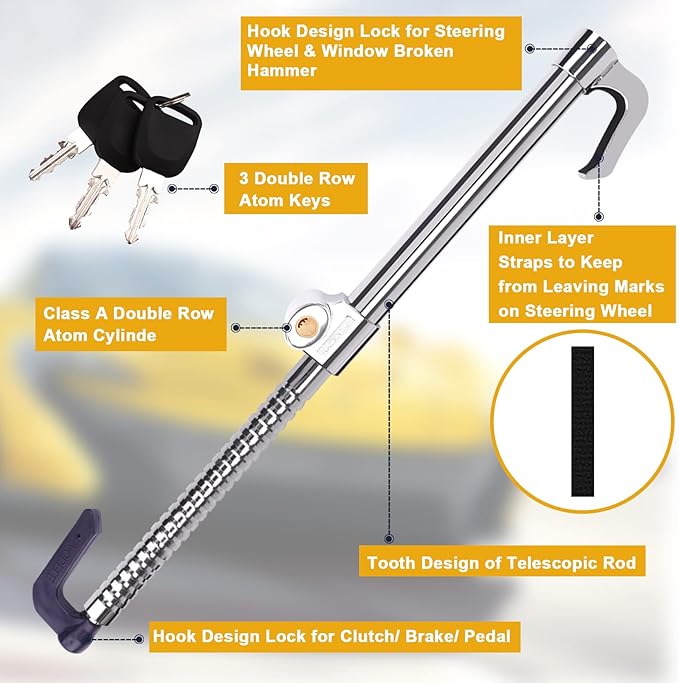 Tevlaphee Universal Steering Wheel Brake Lock Anti-Theft Retractable Double