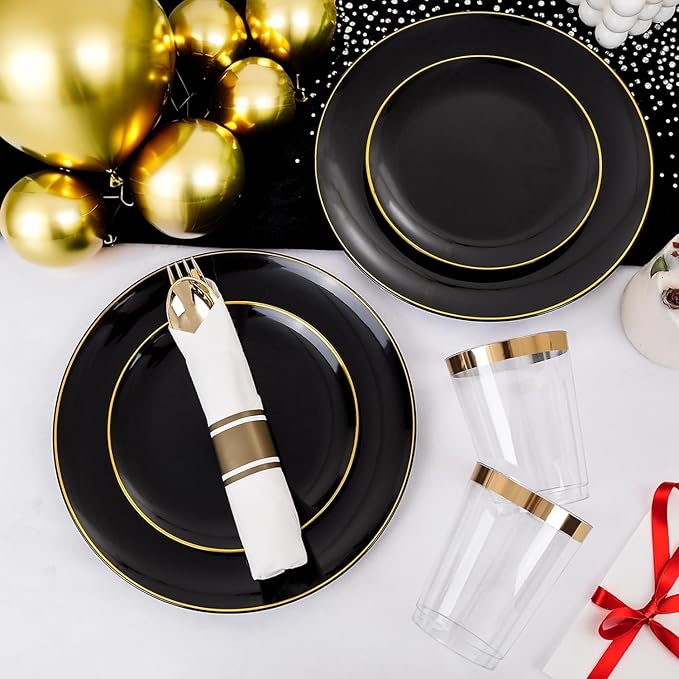 KIRE 350 PCS Plastic Dinnerware Set for 50 Guests - Black and Gold Plates 50 ...