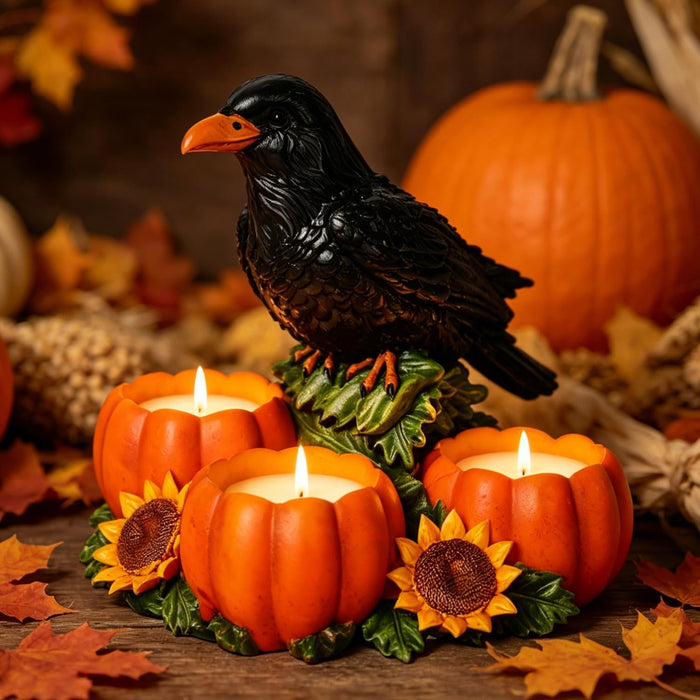 Halloween Raven Candle Holder with 3 Pumpkin Tealight Holders