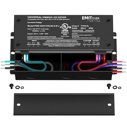 EMITEVER 30W Dimmable LED Driver, 24V Triac Dimmable Power Supply, AC to DC