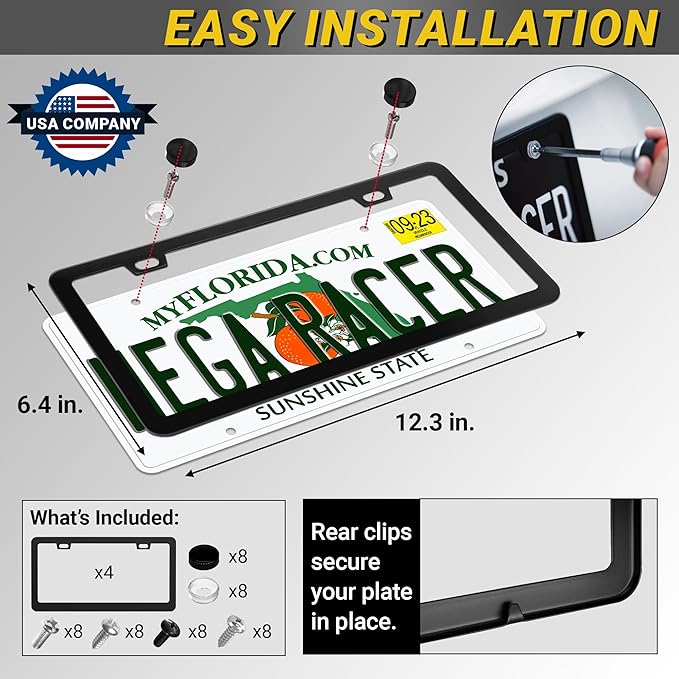 Premium Slim Matte Black License Plate Frames – Best Value 4 Pack, Rust-Free