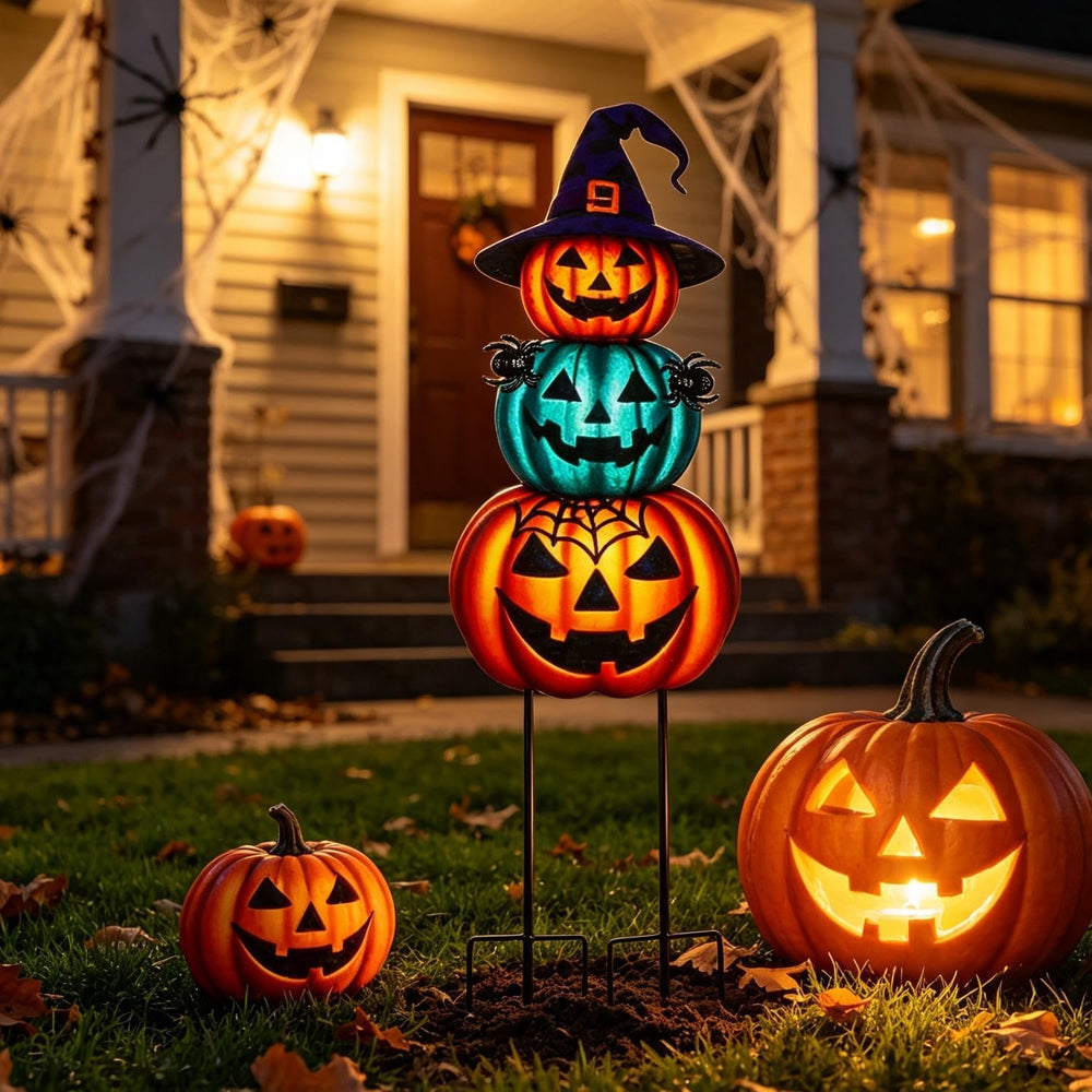 Halloween Yard Stakes Large with Stackable Pumpkins Scary Spiders