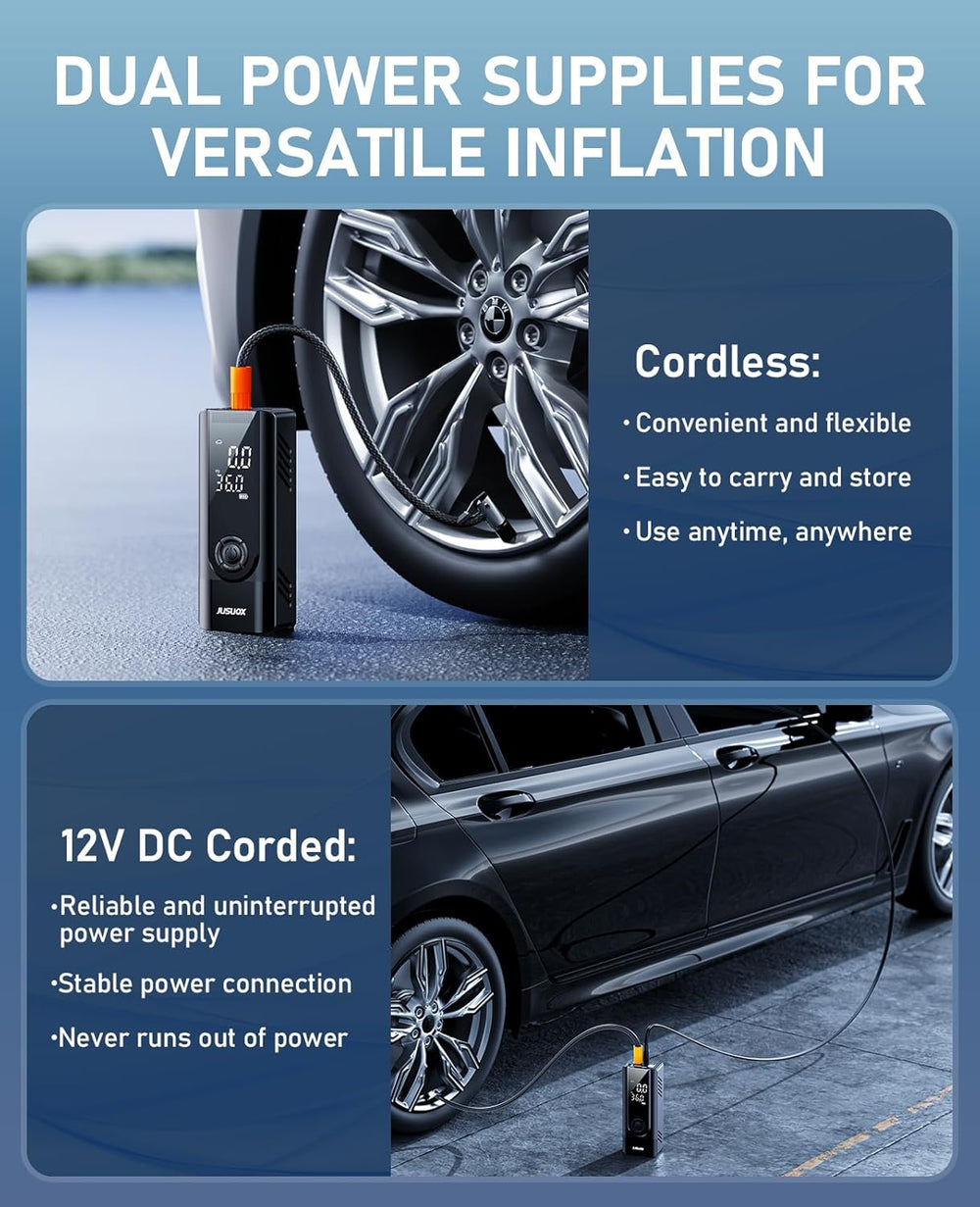 JUSUOX Tire Inflator Portable Air Compressor, 150 PSI Dual Power