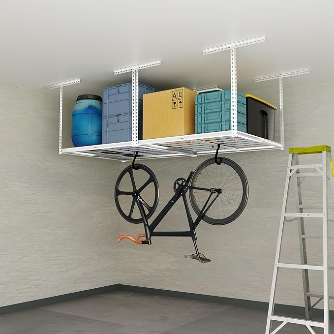 The Atlas 4 x 8 ft Adjustable Height Overhead Garage Storage Rack 900 lbs Heavy