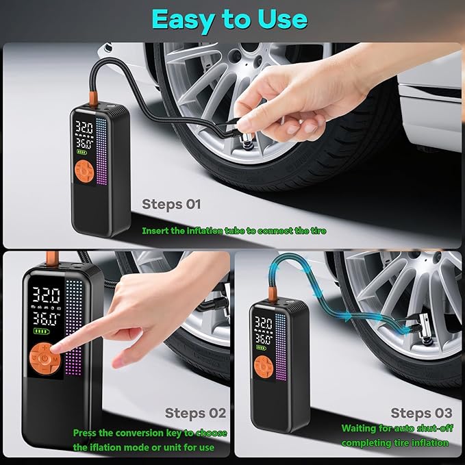 Portable Tire Inflator Air Compressor, 150 PSI Cordless Air Pump, 6000mAh