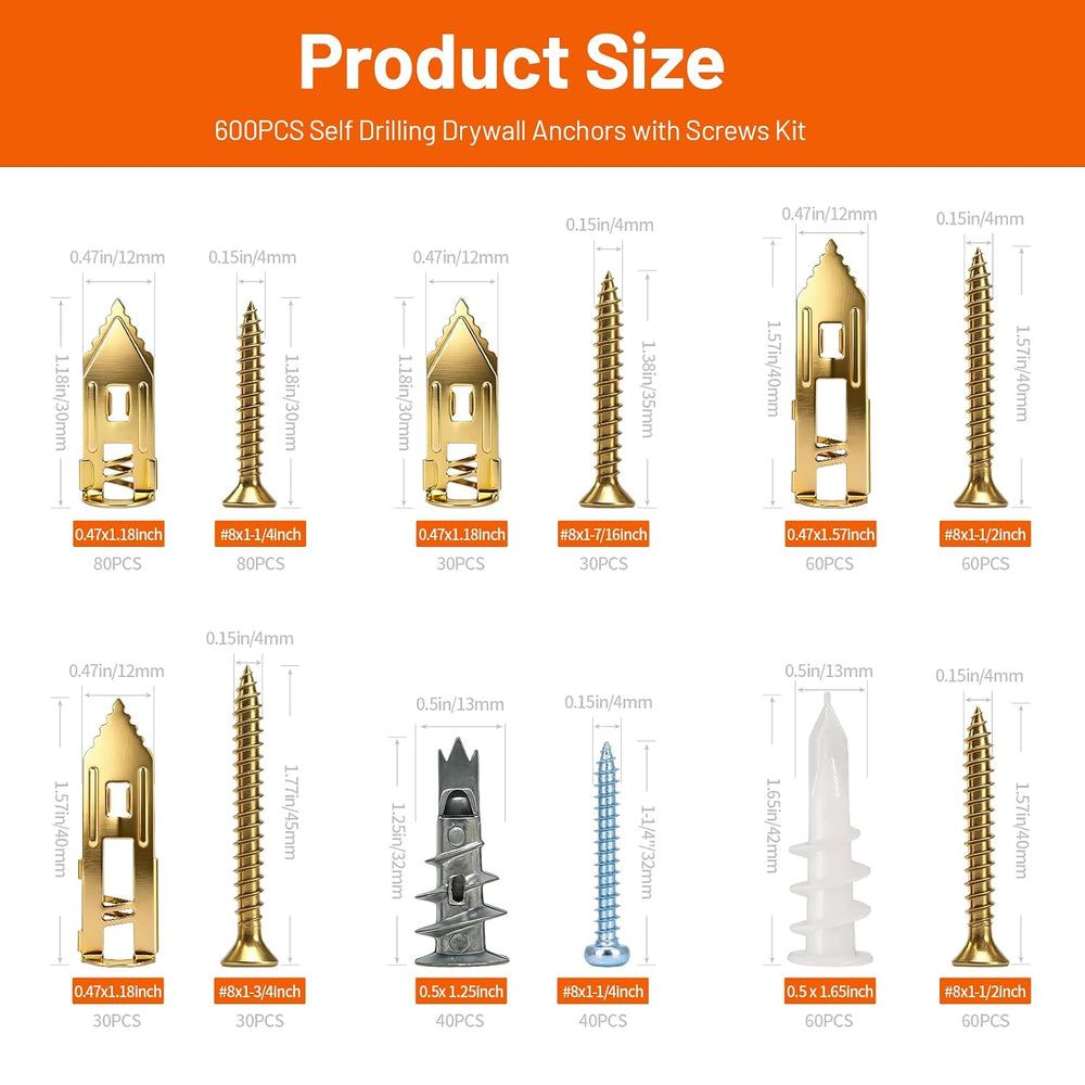 600 PCS Drywall Anchors and Screws Assortment Kit, Heavy Duty Plaster Wall Ex...