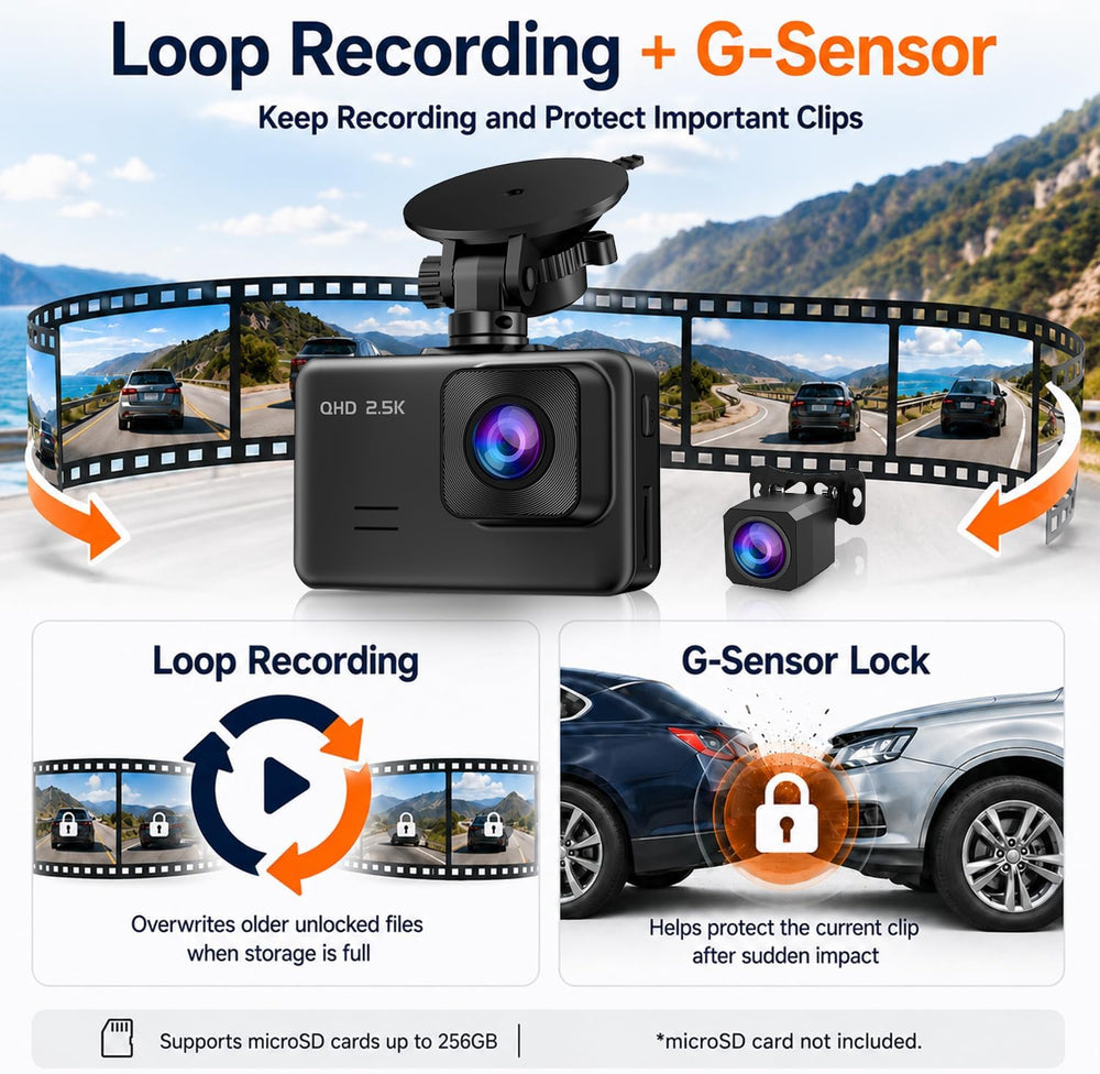 Dash Cam Front and Rear, 2.5K+1080P Dual Camera for Cars, 2" IPS Screen