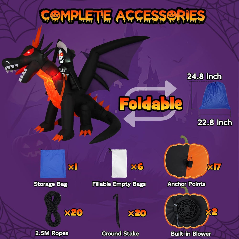 11.5FT Long Animated Dragon & Grim Reaper Halloween Inflatable, Moving Head