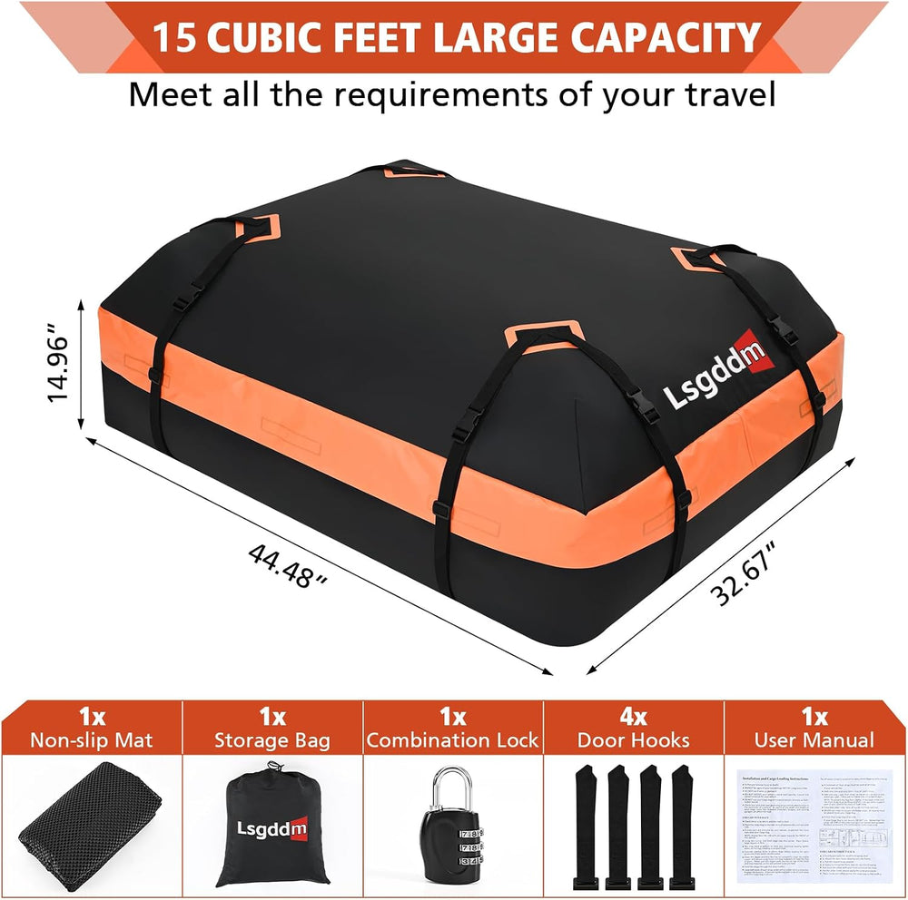 Roof Bag, Waterproof Soft Car Top Carrier Without Rack, 15 Cubic Feet Cargo C...