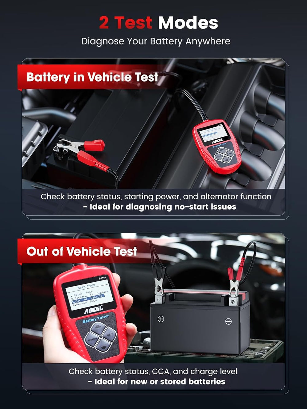 ANCEL BA101 Car Battery Tester, 12V Digital Automotive Alternator Meter Diagn...
