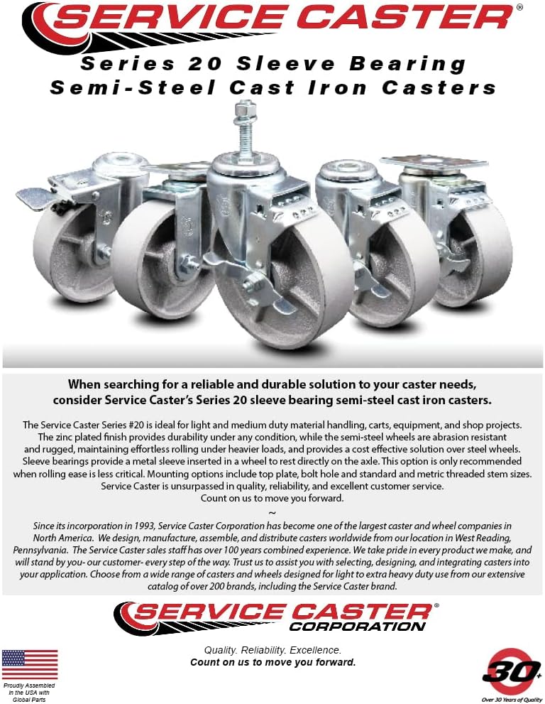 Service Caster Semi Steel Cast Iron Swivel Threaded Stem Caster Set of 4 w/3i...