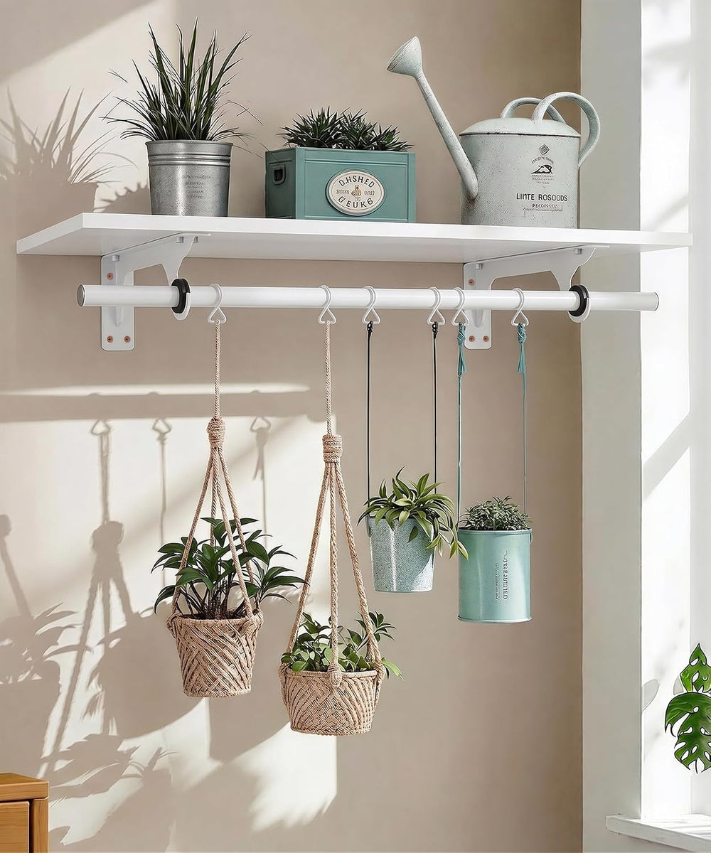 Wall Mounted Clothes Rack, with Top Shelf and Hanging Rod, Heavy Duty (White,...