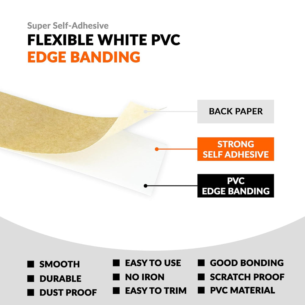 White PVC 5/8 inch x 50 ft Edge Banding Peel and Stick Strong Adhesive Edging...