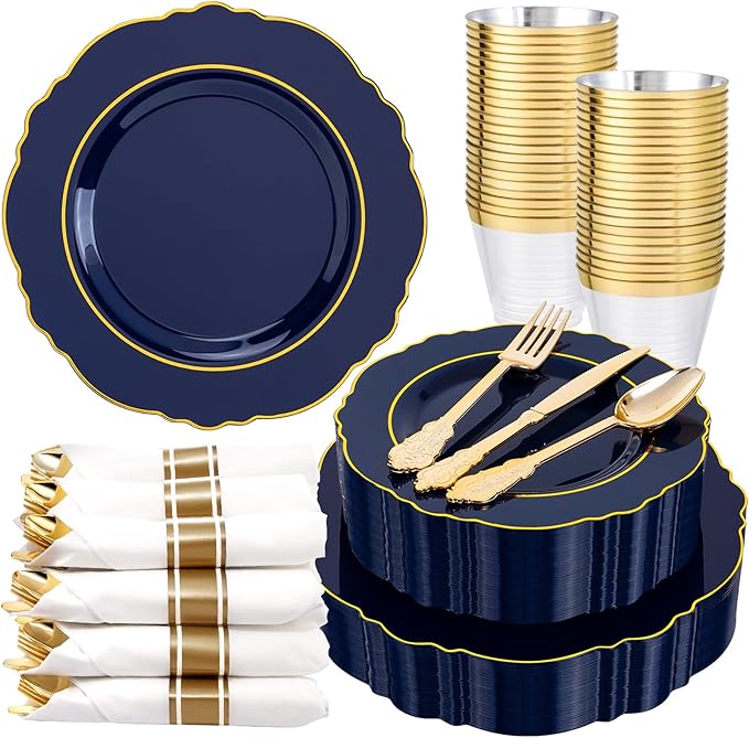 Liacere 350PCS Navy Blue Plastic Plates-Disposable Blue Gold Plates 50guest P...