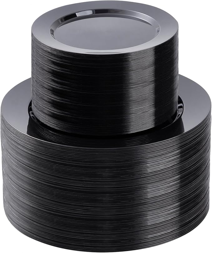200PCS Black Plastic Plates Set, 100 10.25 inch Dinner Plates and 100 7.5 inc...