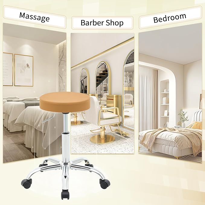Rolling Massage Chair, Adjustable Hair Cutting Stool 19.5’’-26.6’’, Camel Brown