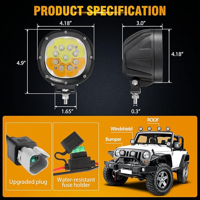Auxbeam 4 Inch Round Offroad Light, 90W LED Amber White Spot Strobe Light Pods
