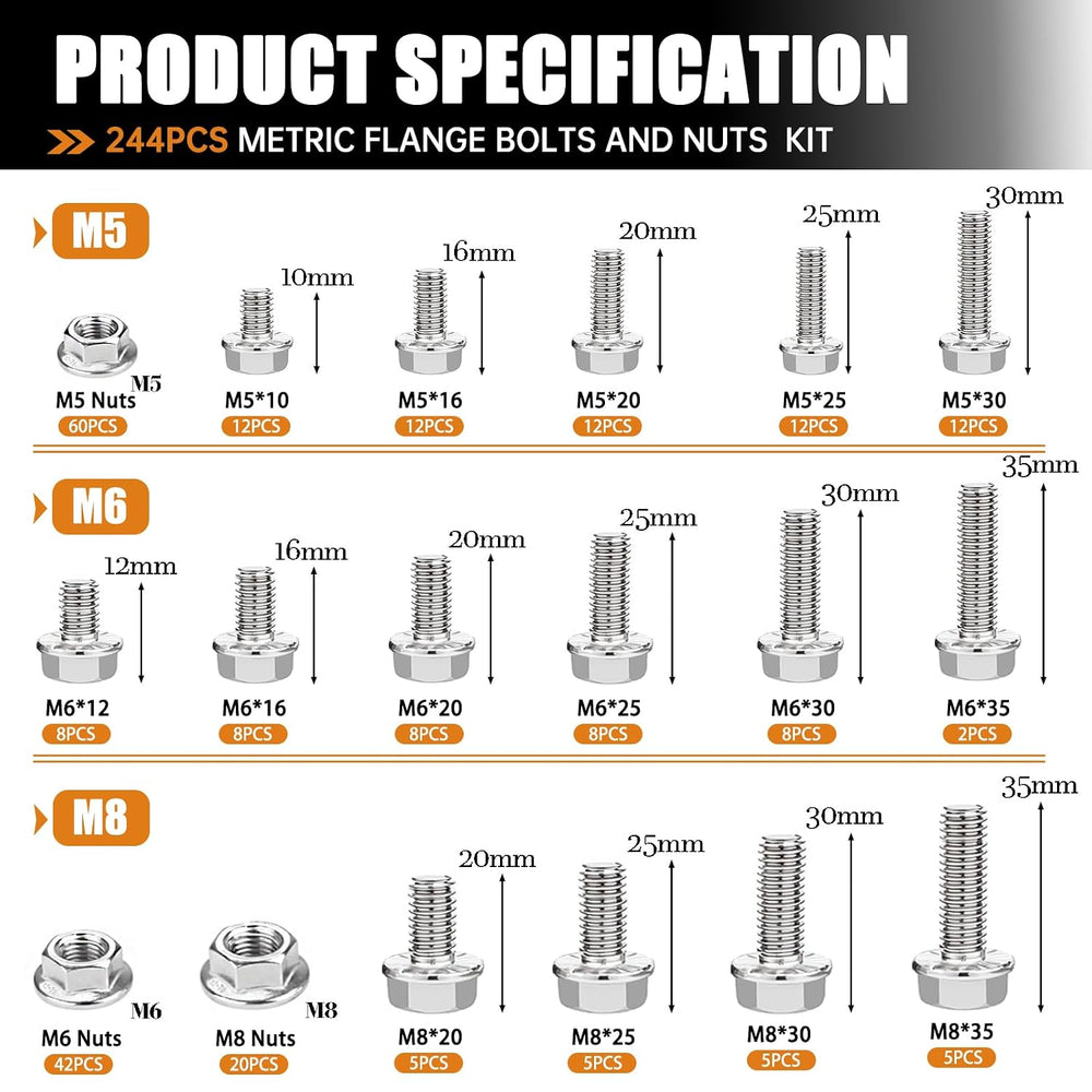 mankk 244PCS 304 Stainless Steel Metric Flange Bolts and Nuts Assortment Kit ...