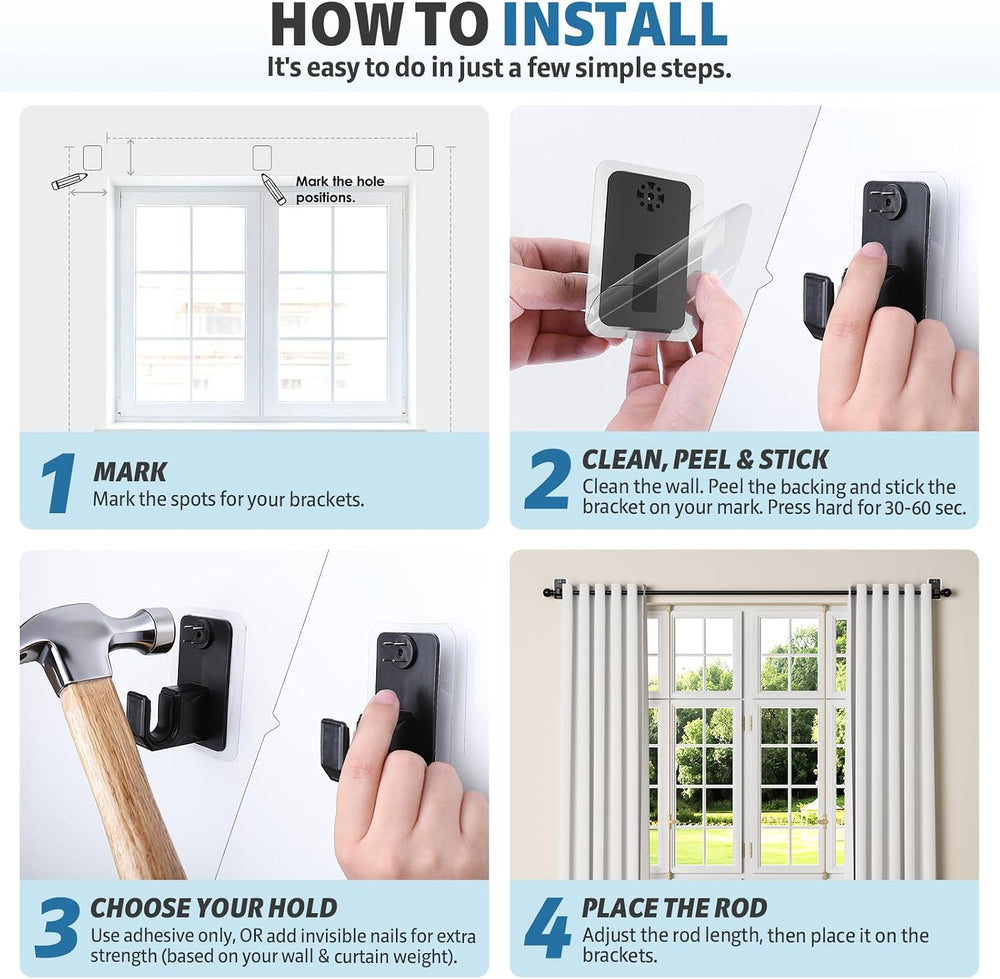 No Drill Curtain Rod for Windows 25 to 49 Inch - 2.0 Dual-Fix Adhesive & ...