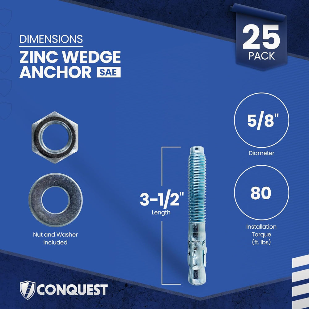 Conquest Zinc Plated Wedge Anchors for Concrete 5/8” x 3-1/2”