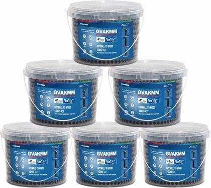 #6 × 1-5/8 inch Drywall to Wood Collated Screws – 6000 Count (6 Pack of 1000-Count Buckets), Black Coarse Thread Sheetrock Screws, Bulk Jobsite Supply