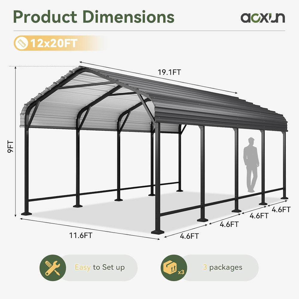 Aoxun 12x20 FT Metal Carport Heavy Duty Carport Garage with Enhanced Base